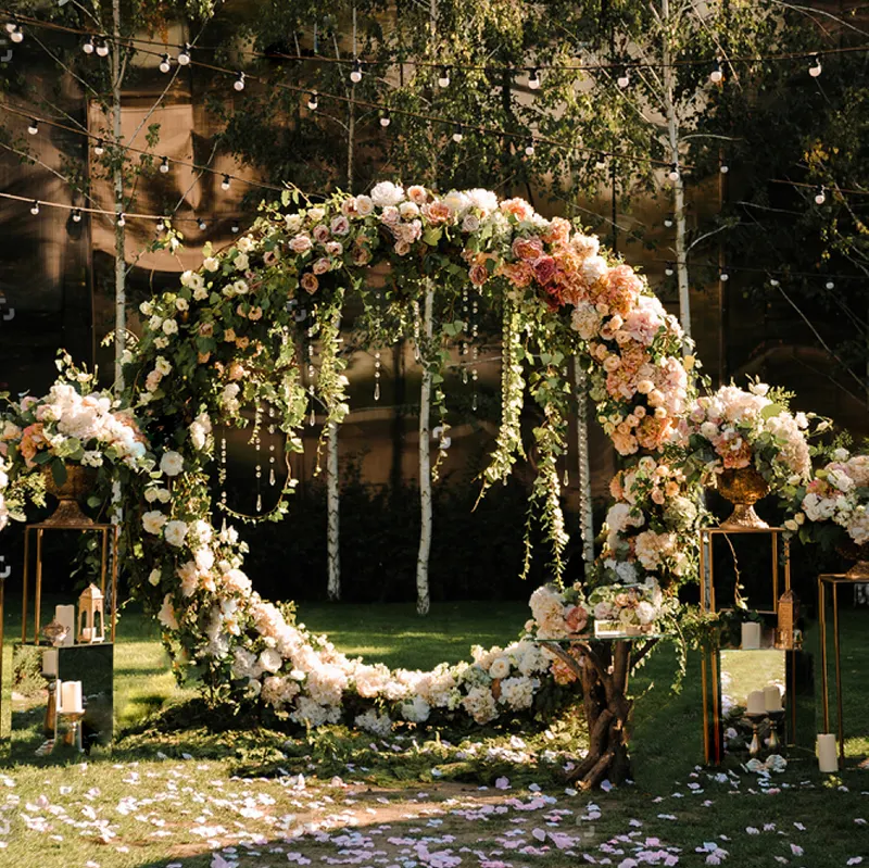 Gran oferta, decoración de boda caprichosa, arco de boda romántico, arco redondo de flores de Metal, arco de decoración de fiesta de flores artificiales