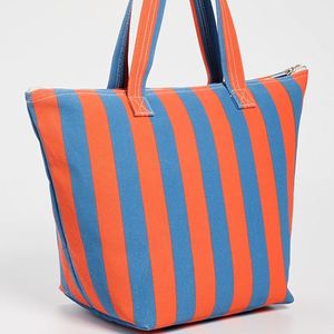 Sac fourre-tout en toile imperméable avec fermeture éclair, broderie de logo personnalisé, grand format, durable, rayé, en coton, pour femmes, printemps-été - Product Image 5