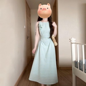 Summer 2025 Backless Long Dress Halter Neck Spaghetti Strap Dress Women Tight Waist Lattice Pattern Beach Vacation Casual Dress - Product Image 3