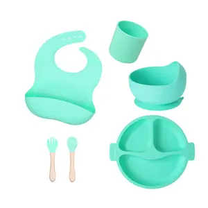 Vaisselle en silicone pour enfants LFGB personnalisée en usine ensemble de 6 pièces vaisselle d'alimentation en silicone de hêtre de qualité alimentaire pour nourrissons