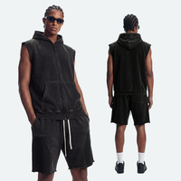 Gilet zippé à capuche en batik épais vieilli, coupe ample vintage sans manches, streetwear texturé délavé, entièrement personnalisable