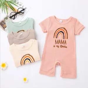 New Arrival Summer Short Sleeve Toddler Boys Jumpsuit Baby Waffle Clothing Baby Rainbow Romper With Dada Mama