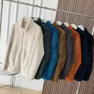 OEM kualitas tinggi kustom kerah berdiri ritsleting penuh jaket bulu beruang Teddy berat mantel Sherpa hangat musim dingin ukuran besar