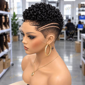 Parrucca in Capelli Umani con Taglio Pixie, Pronta per la Spedizione, in Stock, Completamente in Pizzo, Corta e Riccioluta, Senza Colla, Pre-Plucked, Nera Naturale per Donne di Colore - Product Image 6