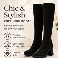 Bottes hautes en daim noir pour femmes, vente en gros d'usine, faible MOQ en stock, bottes à talon épais et plateforme, chaussures d'automne et d'hiver pour femmes