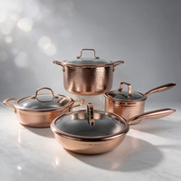Ensemble de casseroles et poêles en acier inoxydable or rose à design martelé, couvercles en verre, revêtement antiadhésif, compatibles lave-vaisselle et four, pour gaz et induction