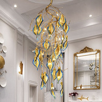 Lustre Pendentif Moderne Simple en Or avec Feuilles LED Dimmables 110-240V pour Villa Escalier Décoration Intérieure