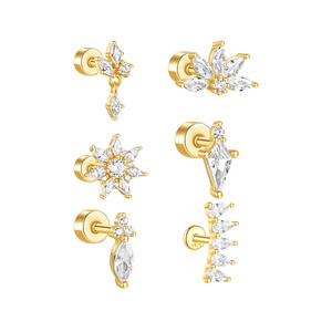 Pendientes de Plata de Ley S925 con Diseño Geométrico de Corona, Pétalo, Gota de Agua y Borla, con Hilo y Piedra Marquise Dorada - Product Image 1