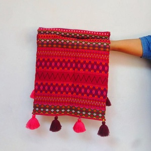 Colorful Embroidered Cotton <b>Table</b> <b>Runner</b> With Geometric Pattern And Tassels Bohemian Style From Mexico - Product Image 1
