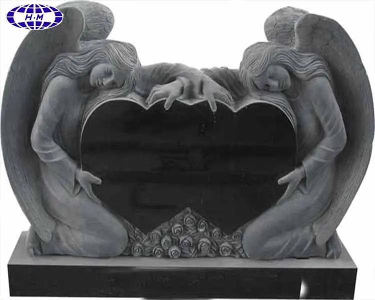 Çin fabrika doğrudan büyük abd tarzı özel mutlak siyah granit mezar taşı kalp melek mezar taşı