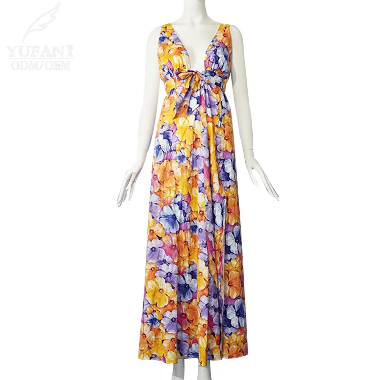 YuFan özel tatil yaz Halter tropikal baskı ve çiçekli elbiseler uzun V boyun toptan fabrika özel kadın elbise