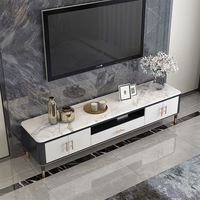 Meuble TV en marbre blanc de style européen moderne et simple pour salon, avec quatre pieds de table en métal noir et blanc