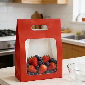 Empaque Personalizable con Asa Troquelada para Postres de Frutas en Bolsas de Papel Kraft Rojo con Ventana Transparente - Product Image 5