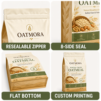 Op maat gemaakte 8-zijdige verzegelde zak met vierkante bodem en ritssluiting, vochtbestendig voor granola, ontbijtgranen, havermout, suiker, dierenvoer, voedselveilige PET.
