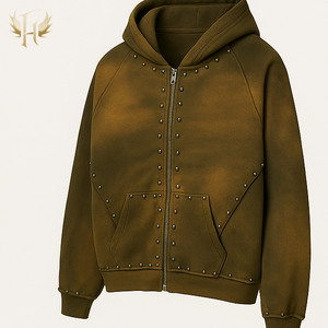 Sweat à capuche personnalisé lourd 480 g/m² vierge uni lavé à l'acide délavé au soleil avec rivets en métal et strass zippé pour hommes - Product Image 2
