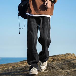 American Style Patchwork Black High Denim Cargo <b>Jeans</b> Men Spring Autumn Summer Thin Loose Straight Wide-Leg Breathable Casual - Product Image 6