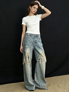 Nouveau Jean d'été 2026 pour <span class=keywords><strong>Femme</strong></span>, Vintage, Délavé, Effet Usé, à Franges et Bords Effilochés, <span class=keywords><strong>Coupe</strong></span> Droite Longueur Ras du Sol, en Denim Déchiré Irrégulier - Product Image 1