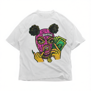 Maglietta Oversize Y2K Streetwear con Grafica BrunchPunk Cash Bandit Balaclava Girl, T-Shirt Rosa con Maschera da Sci e Cartone Animato Denaro per Donne - Product Image 2