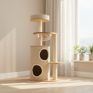 Rak Panjat Kucing dari Kayu Solid dengan Rumah Kucing Terintegrasi dan Tiang Garukan, Menara Kucing, Kondominium Pohon Kucing dengan Rumah Kucing - Product Image 1
