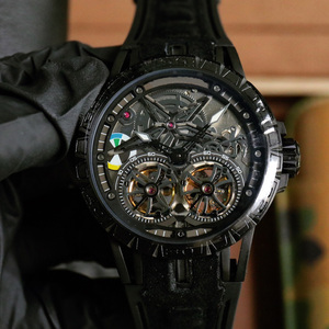 Wholesale Luxury Double Tourbillon Mechanical Watch Men's <b>Red</b> Black Skeleton Dial Leather Strap Wristwatch - Product Image 2