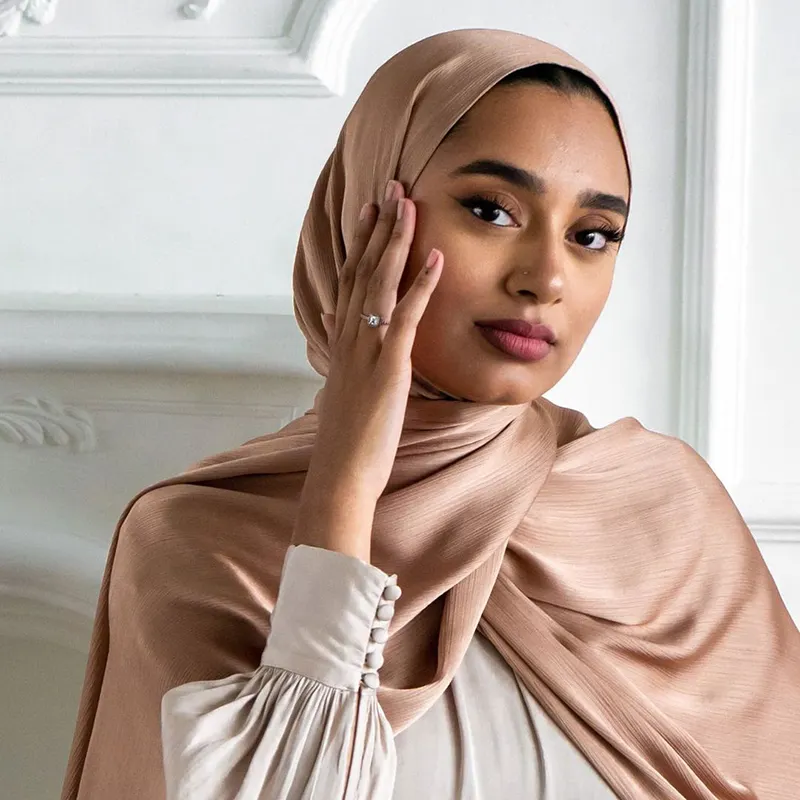Lenço comprido feminino de seda cetim liso, cachecol cromado hijab
