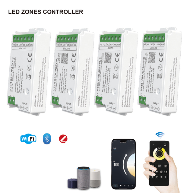 C100 4 Zone MESH Remote Group&Sync Tuya Smart 2.4G BT WIFI Zigbee CCT Mini 12/24V PWM Led Light Controller