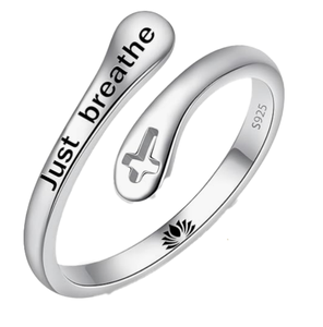 MOQ 500 Anello <span class=keywords><strong>Nuziale</strong></span> Regolabile in Argento Sterling 925 Placcato Rodio Classico con Scritta 'Just Breathe Faith Hope Love' Ispirazionale e Sentita - Product Image 1