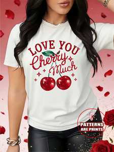 T-shirt Casual da Donna per San Valentino con Stampa Ciliegia e Scritta, Girocollo, Manica Corta, Traspirante, 100% Cotone, Top Primavera Estate - Product Image 3
