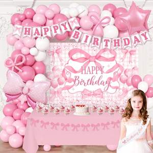 קישוטי מסיבת יום הולדת ורודים לנשים, רקע ורוד, קשת בלונים עם קשתות, באנר נוצץ, ציוד למסיבה בנושא קוקט - Product Image 2