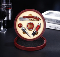 Ensemble cadeau d'ouvre-bouteille à vin en acier inoxydable, boîte ronde en cuir, kits à vin, bouchon, verseur, outil, 4 pièces, ouvre-bouteille à vin rouge