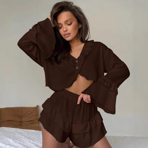 En stock, vente en gros, vêtements de maison solides pour femmes, vêtements de nuit sexy, vêtements de détente pour femmes, ensemble de pyjama pour filles sexy, ensemble de pyjama à volants pour femmes - Product Image 3