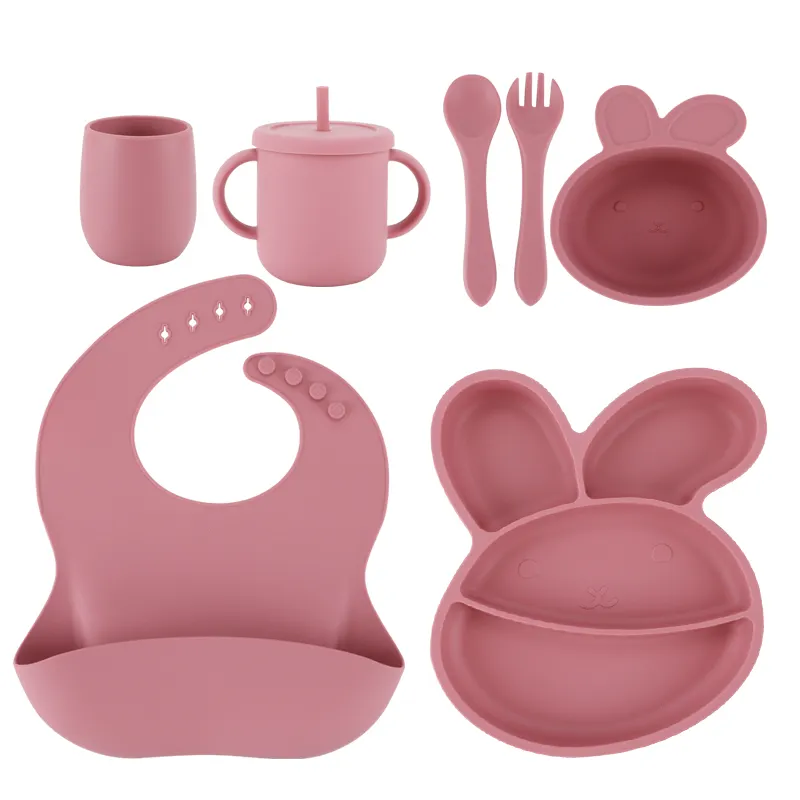 BPA miễn phí bé Silicone Feeding Set với hút chia tấm Bát BIB uống Mug muỗng Ngã Ba Bộ Quà Tặng Silicone tấm Set