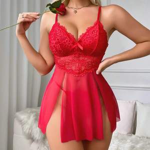 Nouveau produit Lingerie érotique femmes ensemble de sous-vêtements dentelle maille col en V sangle chemise de nuit beauté dos Perspective femmes Lingerie Sexy - Product Image 1