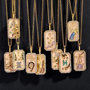 판화 주얼리 18K 금도금 스테인리스 스틸 별자리 사각 펜던트 지르콘 점성술 목걸이 - Product Image 1