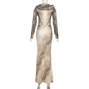 2026 秋冬两件套裙子套装修身V领毛领长袖开衫高腰裙子套装印花街头服饰 - Product Image 3