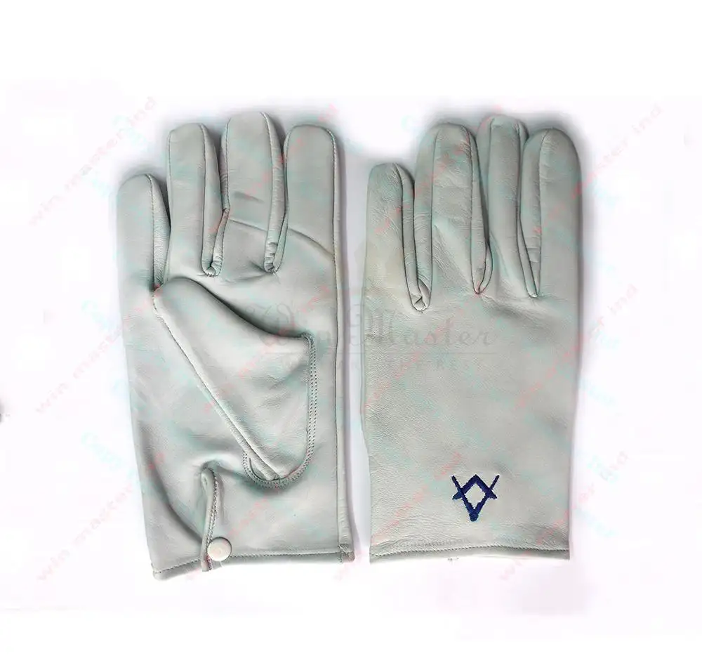 A A pair of cotton gloves with an embroidered square and compass motif in Light Blue