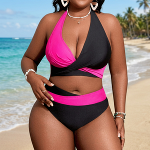 Costume da bagno due pezzi da donna taglie forti 1XL-4XL, bikini a blocchi di colore con scollo all'americana e incrocio sul retro, per la spiaggia - Product Image 3