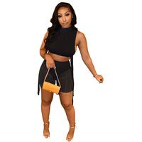 Set atasan dan celana pendek wanita berbahan mesh sheer tanpa lengan, model lace-up, dengan celana dalam aman.
