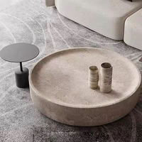 Table à manger ronde en marbre travertin avec base en ciment, style moderne minimaliste, décoration de salle à manger en béton pour hôtel et hôpital