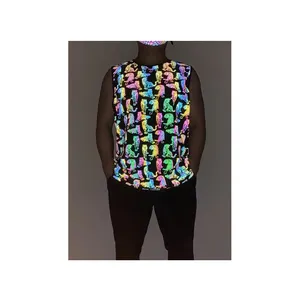 men stylish designer hi viz rainbow reflective tiger pattern printed rave festival party wear clothing sleeveless t shirt vest