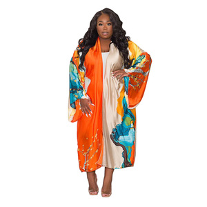 Fashion Silk Satin Multi Print Kimonos Casual Trench Coat Loose <strong>Long</strong>-sleeve Top <strong>Cardigan</strong> <strong>Long</strong> <strong>Dress</strong> - Product Image 5