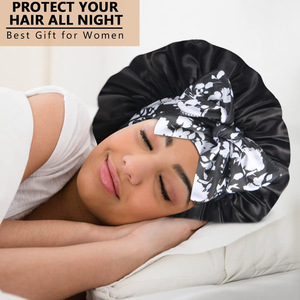 Gorro de satén de seda con estampado floral de leopardo de lujo con lazo largo para mujer, gorros de satén para el cabello, gorro para dormir - Product Image 3