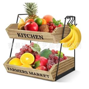 Wooden Double Layer Fruit Storage <b>Basket</b> With Handle Kitchen Vegetable Organizer Rectangle Multifunctional Stackable <b>Tray</b> - Product Image 5