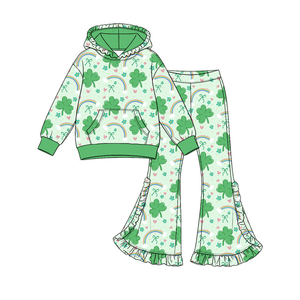 Ensemble deux pièces tendance pour enfants pour la Saint-Patrick, tenue à carreaux verts pour filles avec pantalon pattes d'éléphant - Product Image 4