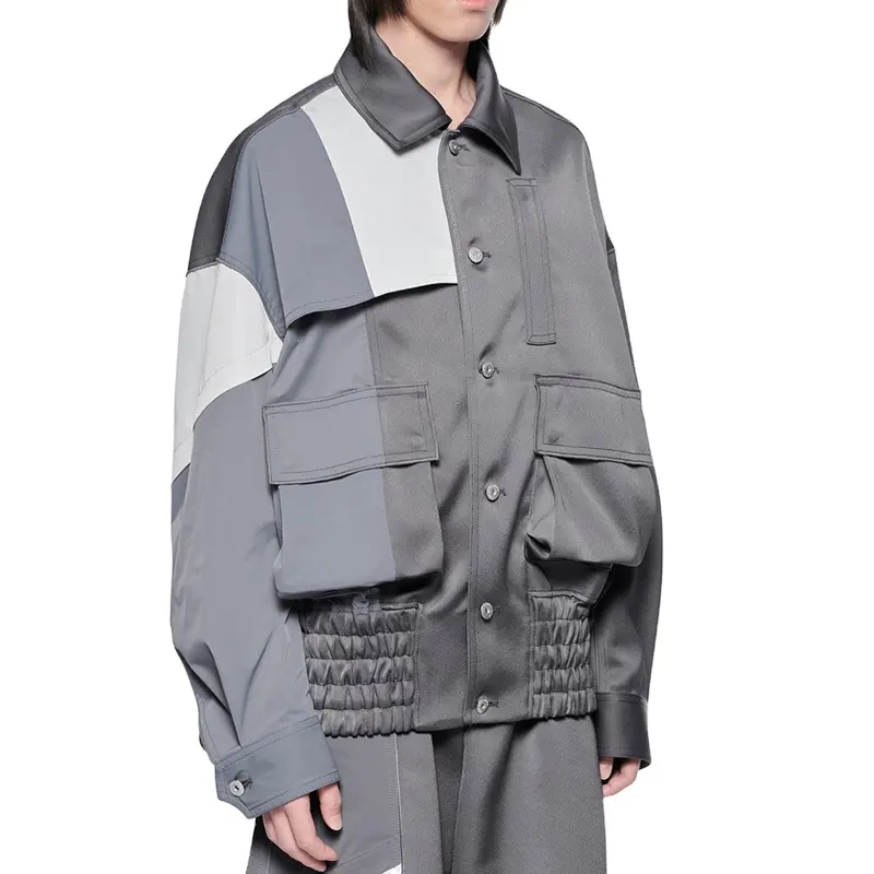 Fashion Men Oversized Button Up Cargo Pockets Elastic Hem Asymmetric Grey Conrast Color Patchwork Jacket