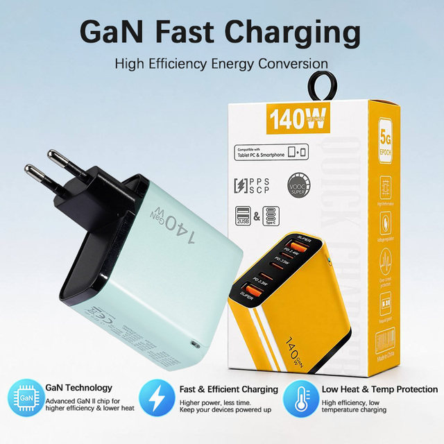 140W GaN 5-Port Fast Charger PD 3.1 USB-C QC 3.0 Universal Multi-device Charging Station for Laptop Phone Tablet EU US UK Plug
