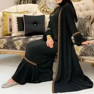 Latest Abaya Designs Dubai Islamic Modest Muslim Women Shinny Organza Open Abaya With Inner Slip Dress Set