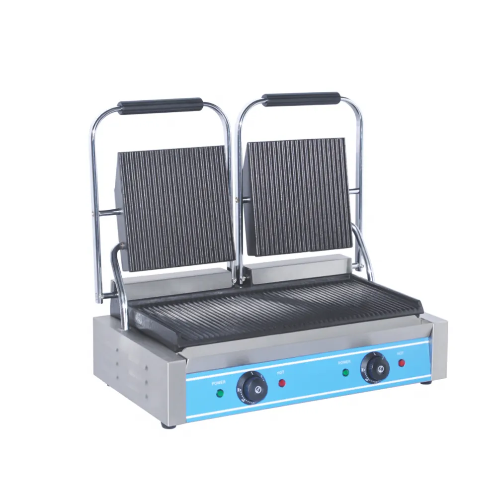 Venta al por mayor de acero inoxidable de doble contacto eléctrico Grill Press Grill Panini para el restaurante casero