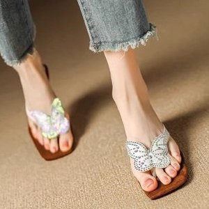 Sandales élégantes à bout carré et strass pour femme, talon bas, forme spéciale, mode estivale - Product Image 4