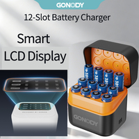 GONODY Chargeur de piles intelligent 12 emplacements AA AAA Li-ion avec écran LCD, sortie 5V/3A, protection contre les surcharges, support de charge 15W